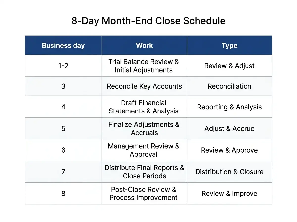 Table showing an 8-day month-end close schedule with work steps and types