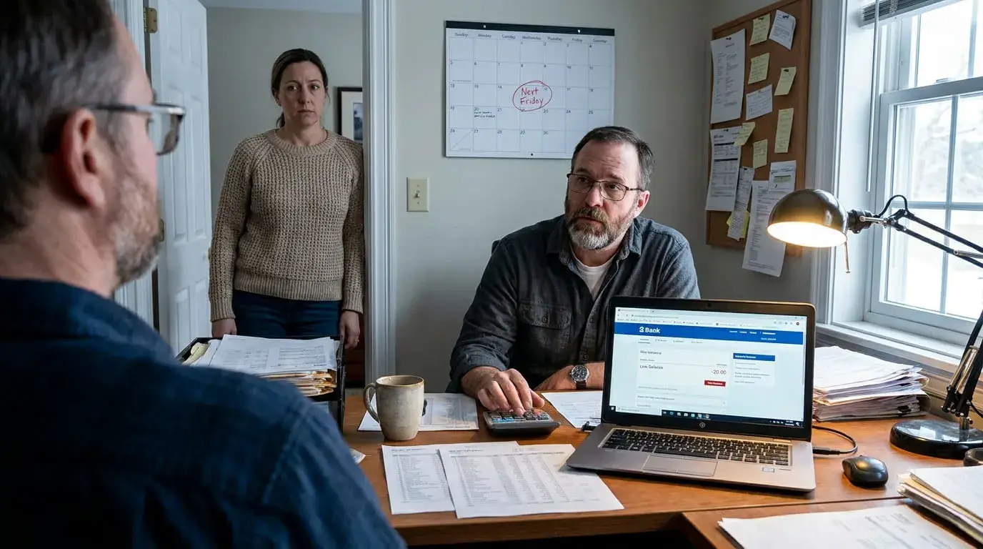 Business owner at his desk looking up from a low bank balance on his laptop as the bookkeeper delivers bad news, with next Friday circled on the wall calendar