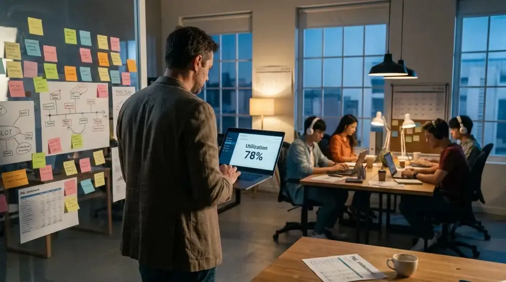 Agency leader holding a laptop showing 78% utilization while his fully booked team works behind him and a P&L statement sits on the desk