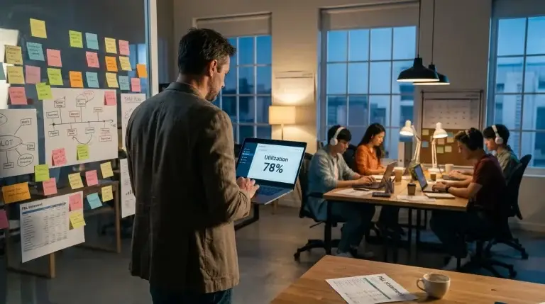 Agency leader holding a laptop showing 78% utilization while his fully booked team works behind him and a P&L statement sits on the desk