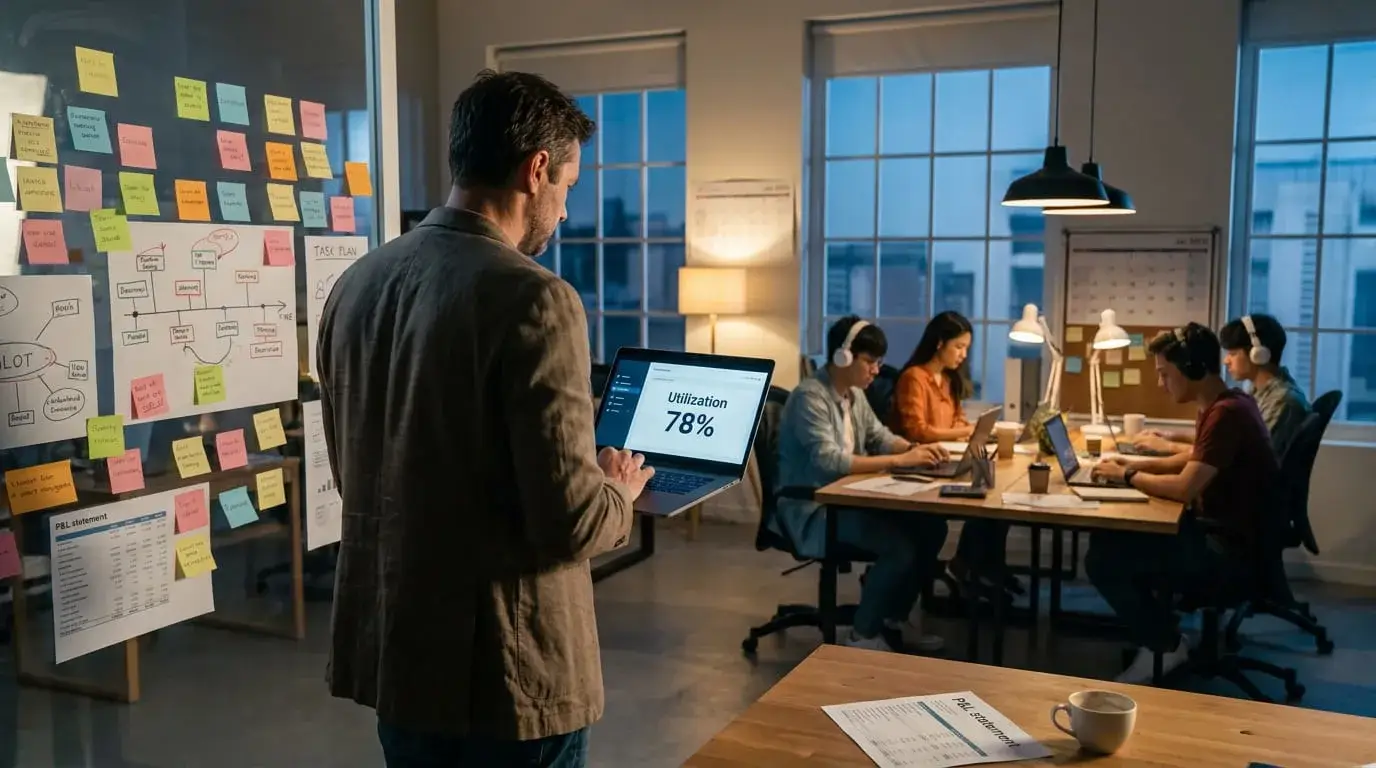 Agency leader holding a laptop showing 78% utilization while his fully booked team works behind him and a P&L statement sits on the desk