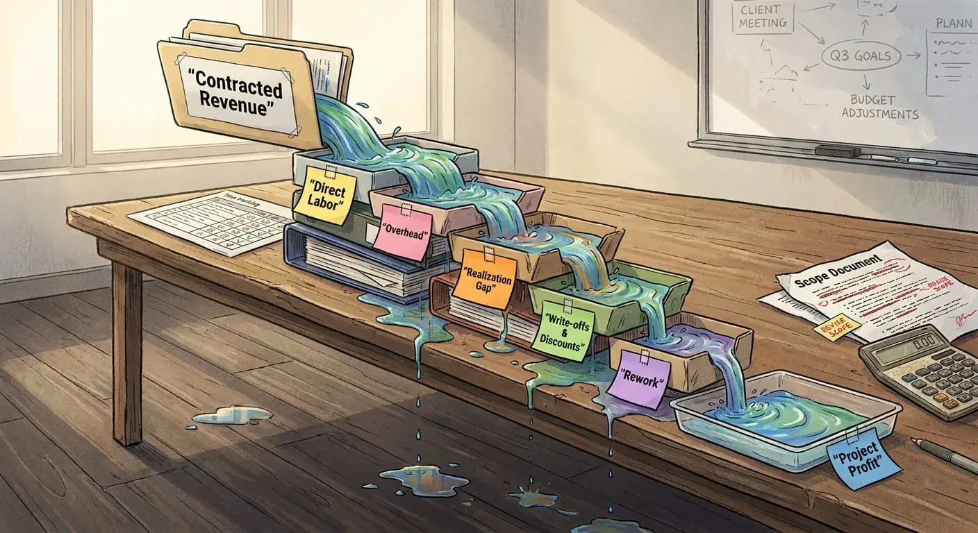 Illustration of a project profitability waterfall: contracted revenue cascading through direct labor, overhead, realization gap, write-offs and discounts, and rework into a small project profit tray