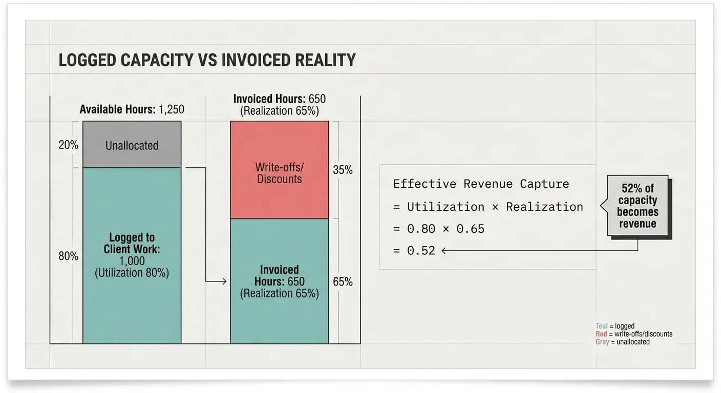 Chart comparing logged capacity to invoiced reality: 1,000 hours logged at 80% utilization become 650 invoiced hours at 65% realization, so only 52% of capacity becomes revenue