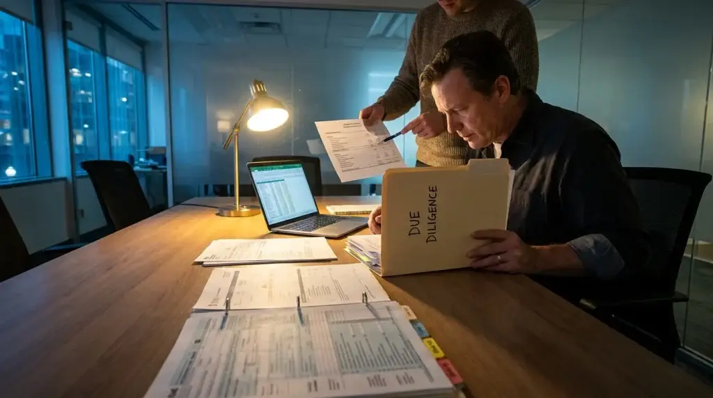 Business owner holding a due diligence folder at a conference table while a buyer's analyst points to a line on his financial statement