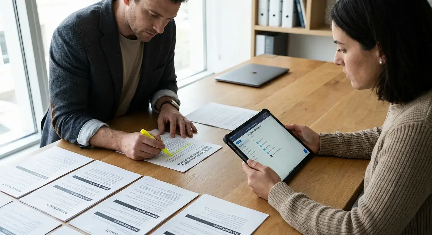 Business owner and advisor reviewing organized diligence document sets and a virtual data room folder structure on a tablet