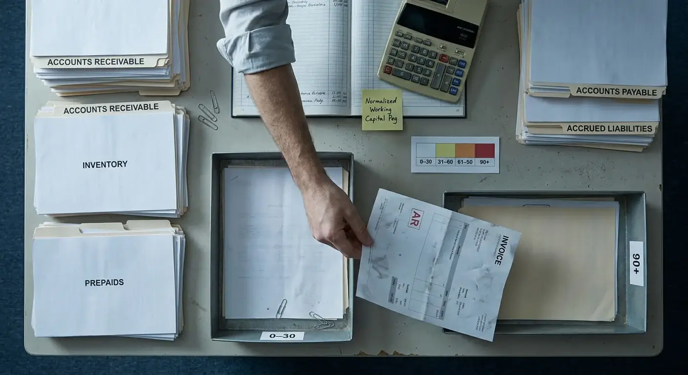 Desk covered with accounts receivable, inventory, prepaids, accounts payable, and accrued liabilities folders, aging trays from 0-30 to 90+ days, and a normalized working capital peg note