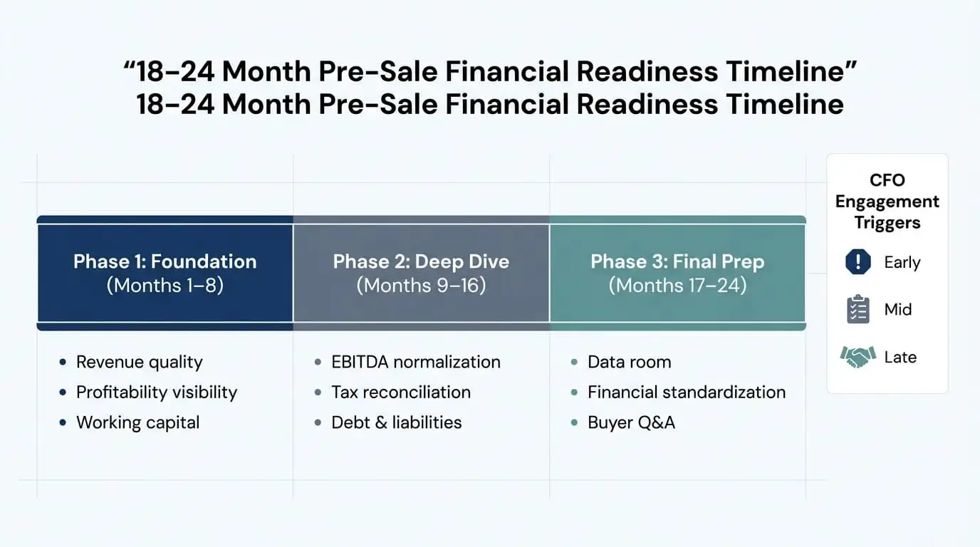 Timeline infographic of the 18 to 24 month pre-sale financial readiness plan across the Foundation, Deep Dive, and Final Prep phases with CFO engagement triggers