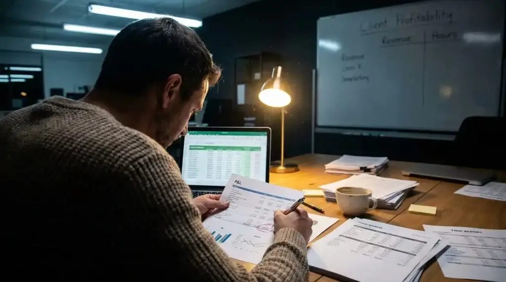 Agency owner reviewing a P&L statement, time reports, and a spreadsheet late at night beside a whiteboard comparing client revenue and hours