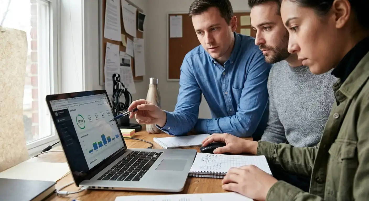 Three agency team members reviewing a profitability dashboard with utilization charts on a laptop