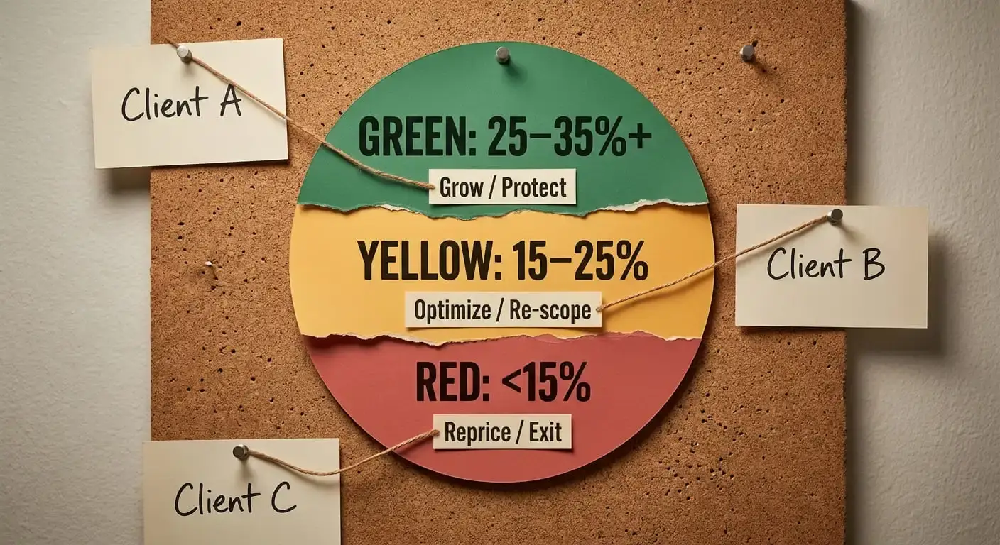 Corkboard chart dividing clients into green, yellow, and red profitability zones with grow, optimize, and reprice or exit actions
