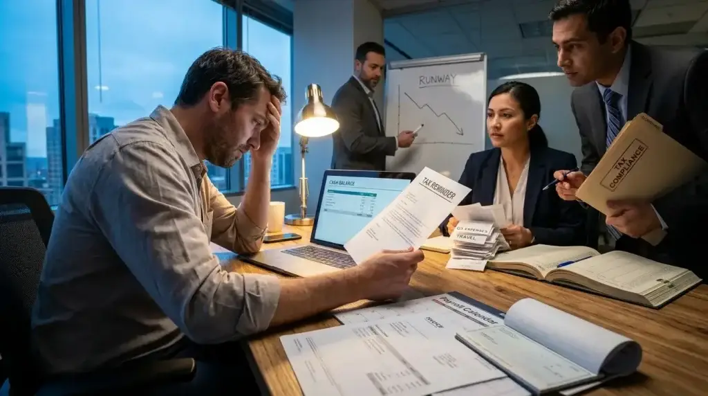 Stressed founder holding a tax reminder notice beside a laptop showing the cash balance, while his advisors point to a declining runway chart and a tax compliance folder