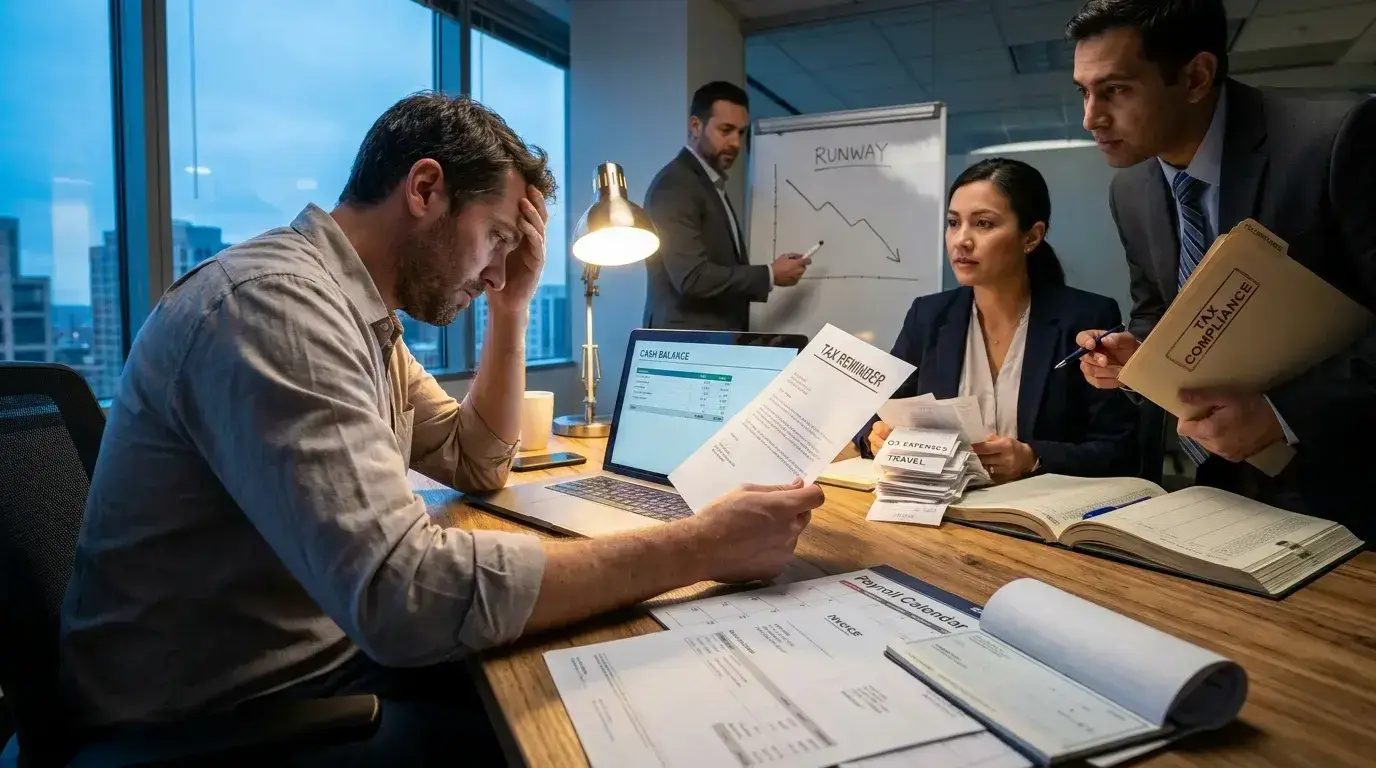 Stressed founder holding a tax reminder notice beside a laptop showing the cash balance, while his advisors point to a declining runway chart and a tax compliance folder