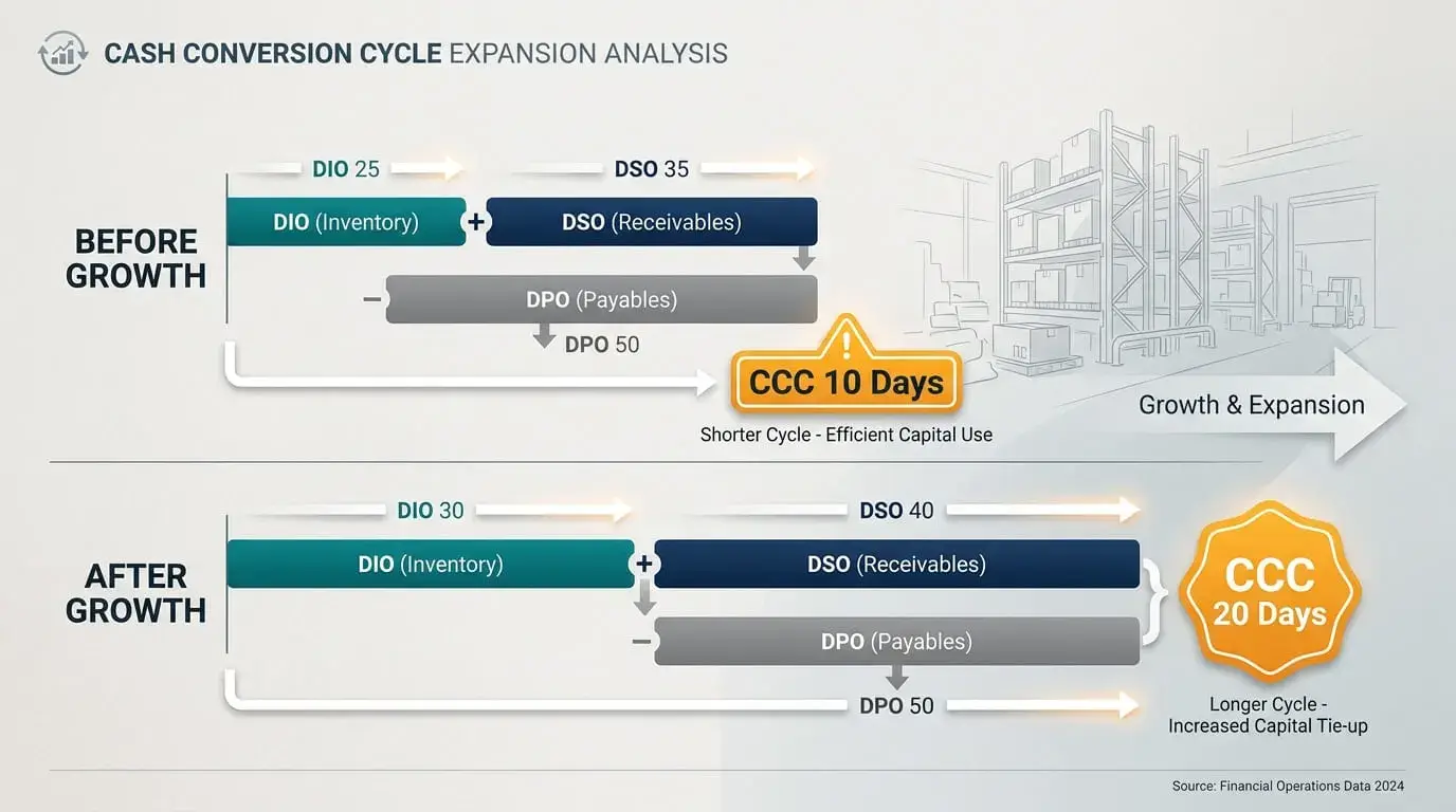 Cash conversion cycle expansion analysis showing DIO plus DSO minus DPO producing a 10-day cycle before growth and a 20-day cycle after growth