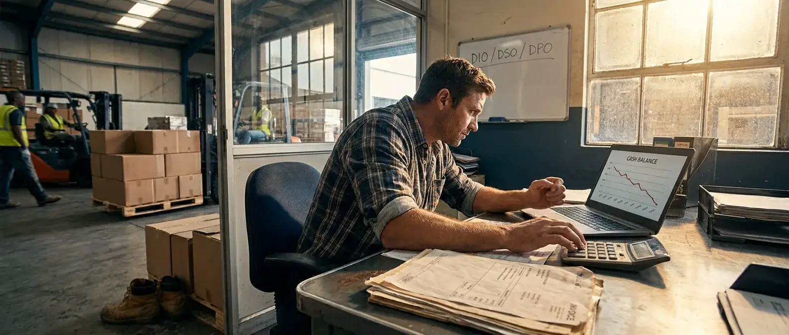 Distribution owner at a warehouse desk studying a declining cash balance chart on his laptop, with DIO, DSO, and DPO written on the whiteboard behind him