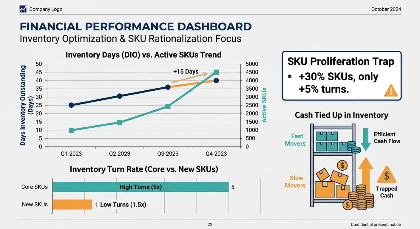Financial dashboard showing days inventory outstanding rising as active SKUs climb, core SKUs turning five times versus new SKUs at 1.5, and cash trapped in slow movers