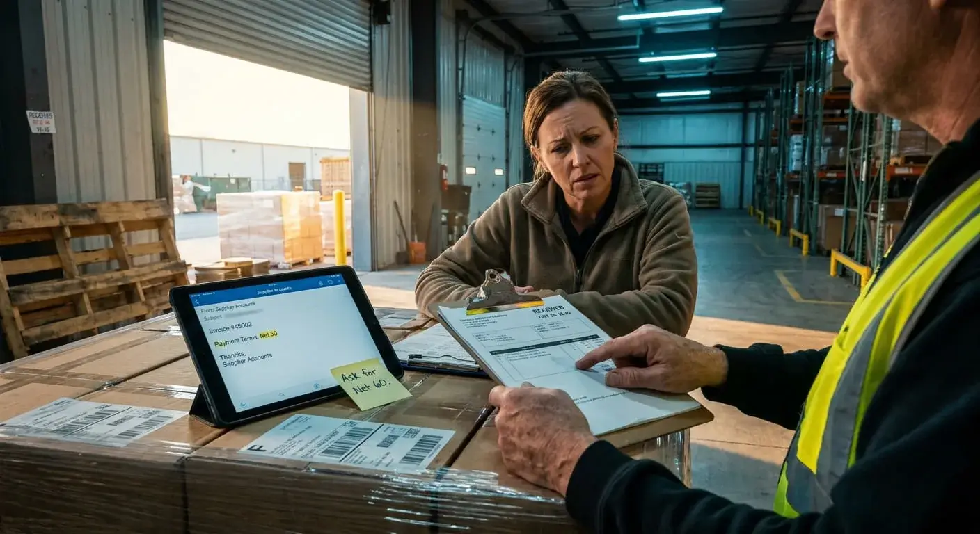 Distribution manager reviewing a received purchase order at the loading dock beside a supplier invoice showing Net 30 terms and a sticky note reading ask for Net 60